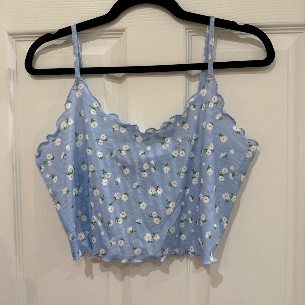 Sky Blue Ditsy Floral Print Ribbed Cropped Cami - NWOT